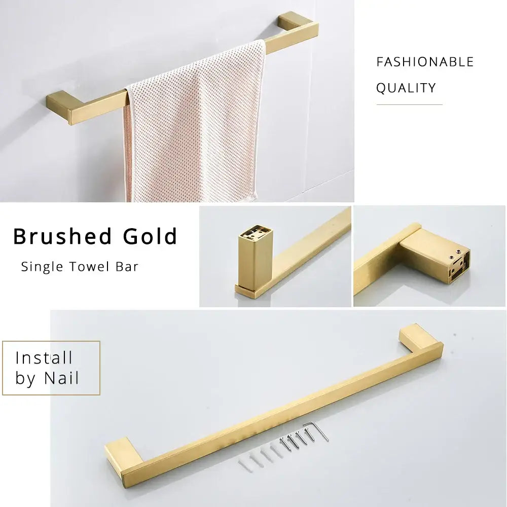 Brushed gold single towel bar with sleek modern design and square-ended fixtures from bathroom hardware set