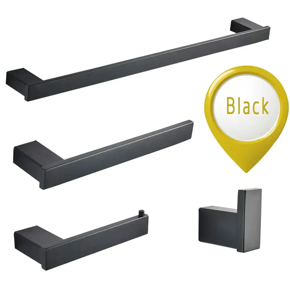 Set of four modern black matte-finished bathroom hardware pieces in a brushed gold hardware set with rectangular rails