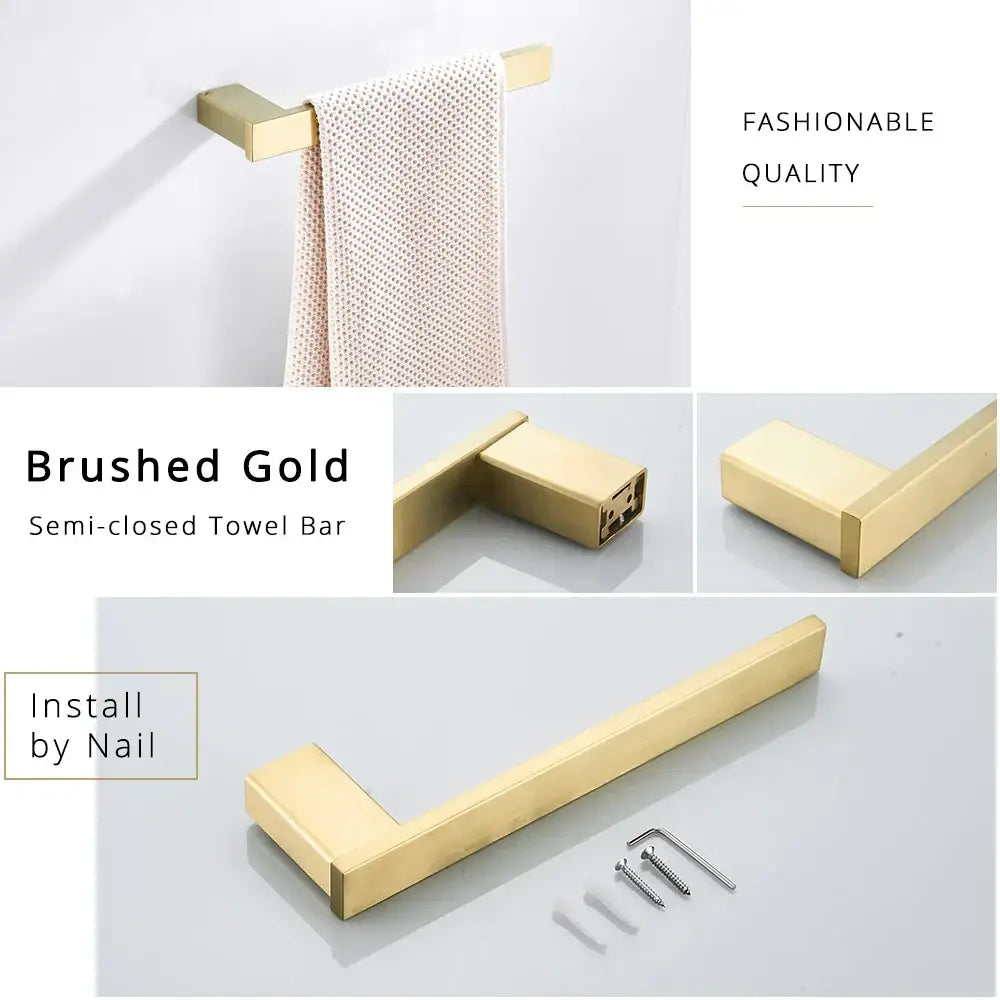 Modern brushed gold bathroom hardware set featuring a semi-closed towel bar with sleek rectangular rails design