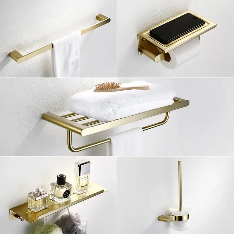 Modern brushed gold bathroom hardware set with shelf phone holder towel rack and tiered storage by decorbites brushed gold