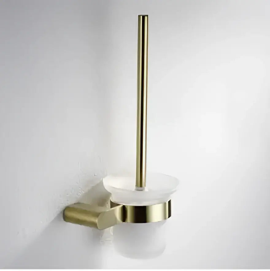 Modern brushed gold toilet brush holder with clear glass base and brushed metal finish hardware set decorbites brushed gold