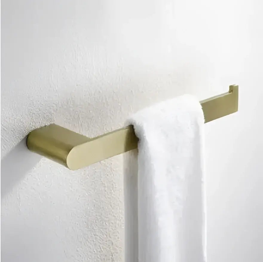 Modern brushed gold hardware set towel rack with shelf and phone holder in sleek brushed gold metal design decorbites brushed gold