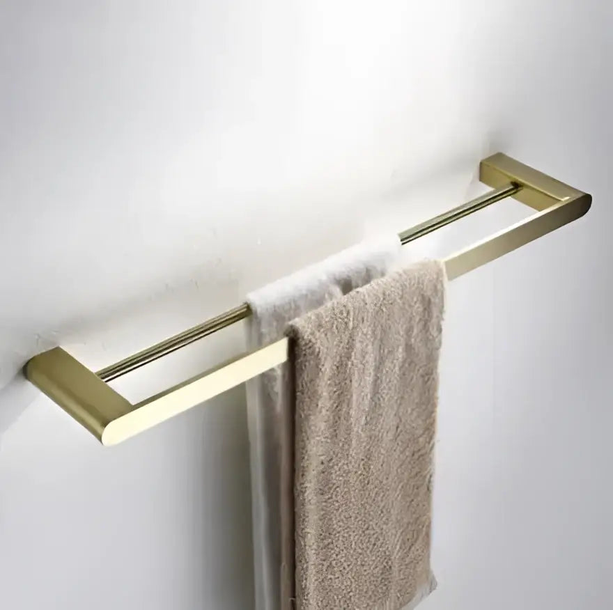 Modern brushed gold double-bar towel rack hardware set with sleek design from decorbites brushed gold collection