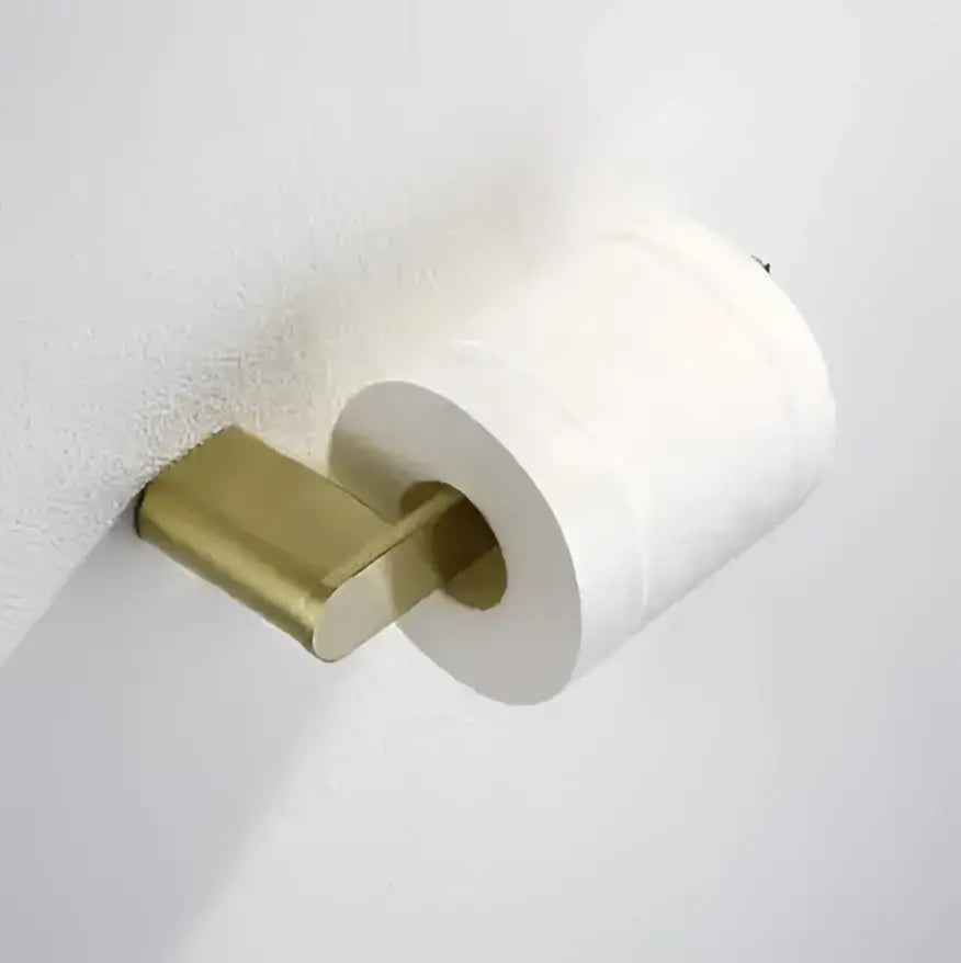 Gold-toned rectangular toilet paper holder from decorbites brushed gold hardware set with sleek modern design and phone shelf