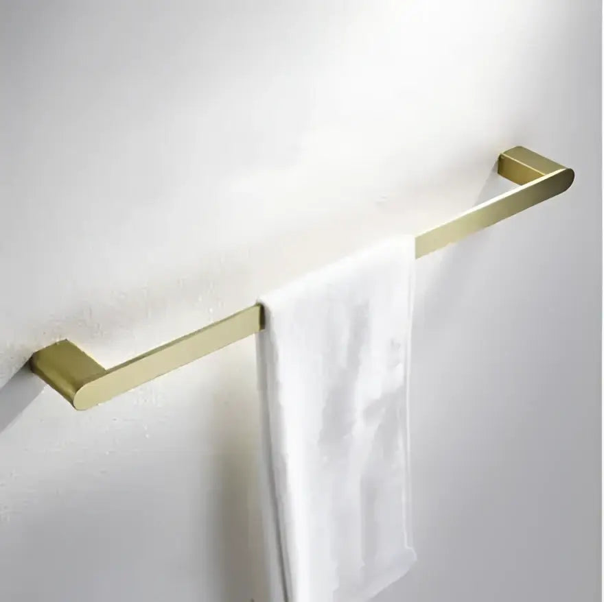 Gold-colored sleek metal towel rack from decorbites brushed gold hardware set with modern rectangular design and phone holder