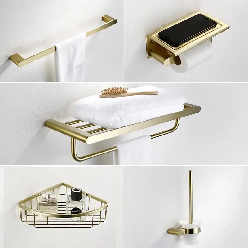 Modern brushed gold bathroom hardware set with shelf and phone holder featuring sleek brushed metal decorbites brushed gold finish