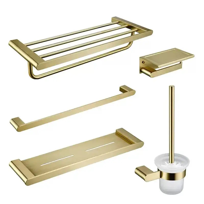 Modern brushed gold hardware set with towel rack bar soap dish and toilet brush holder in decorbites brushed gold finish