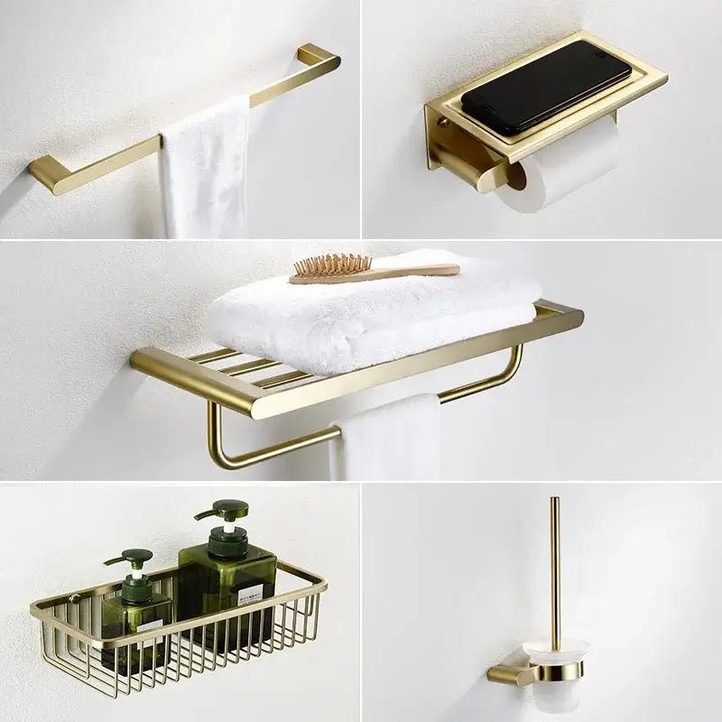 Modern brushed gold bathroom hardware set with shelf and phone holder in sleek decorbites brushed gold finish
