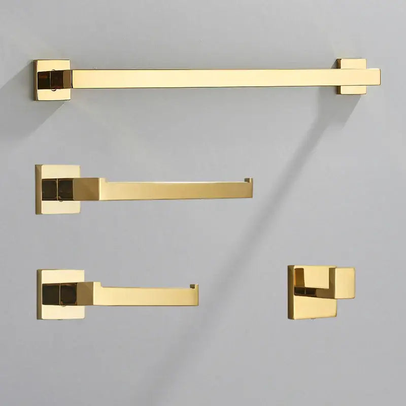 Modern brushed gold bathroom hardware set with square brackets featuring sleek polished decorbites brushed gold bars and hooks