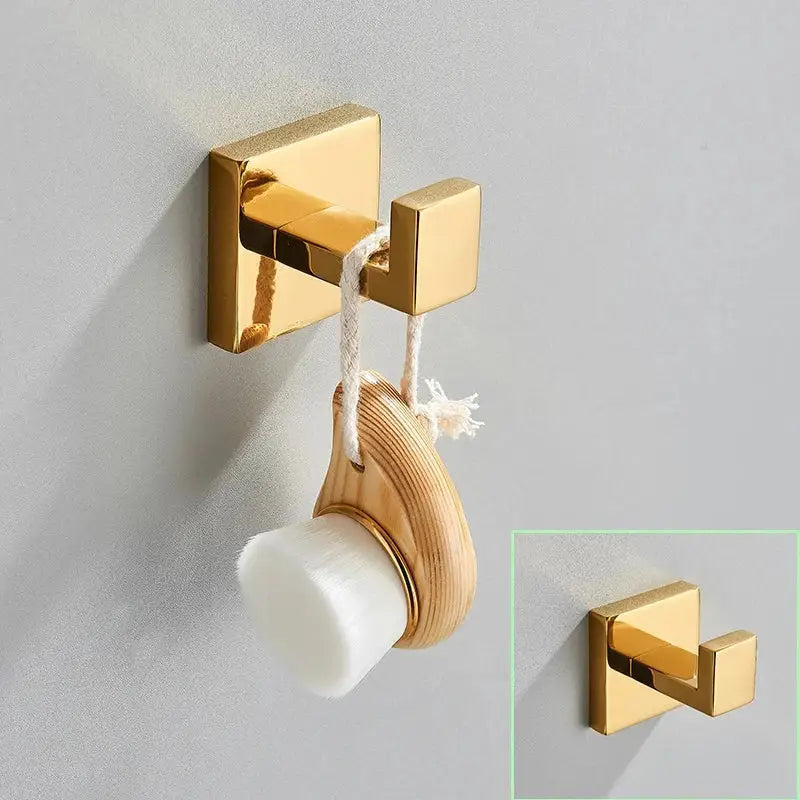 Modern brushed gold bathroom hardware set square wall-mounted hook holding wooden white sponge brush decorbites brushed gold