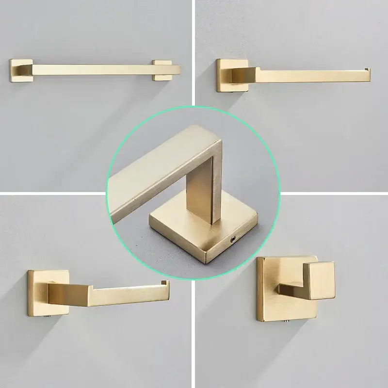 Modern brushed gold hardware set with square brackets featuring sleek towel bars and hooks decorbites brushed gold design
