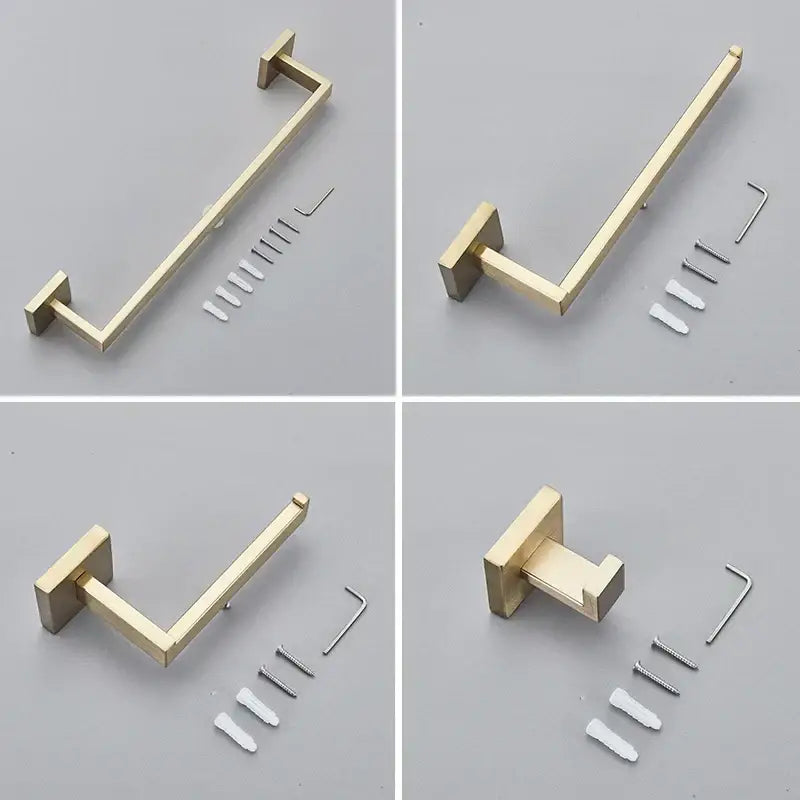 Modern brushed gold hardware set featuring a gold-colored l-shaped towel rack with sleek metallic finish and square brackets decorbites brushed gold