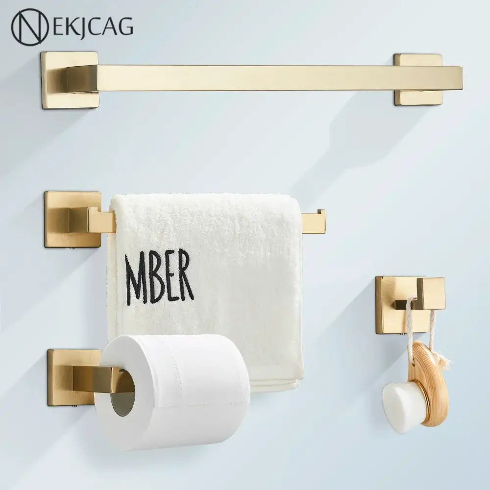 Modern brushed gold bathroom hardware set with sleek design, brushed metal finish, and square-mounted brackets by decorbites