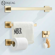 Modern brushed gold bathroom hardware set with sleek design, brushed metal finish, and square-mounted brackets by decorbites