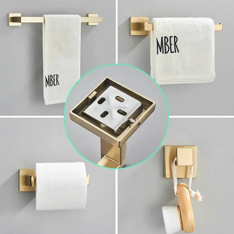 Gold-toned square soap dish with white marble insert and drainage slots from decorbites brushed gold hardware set