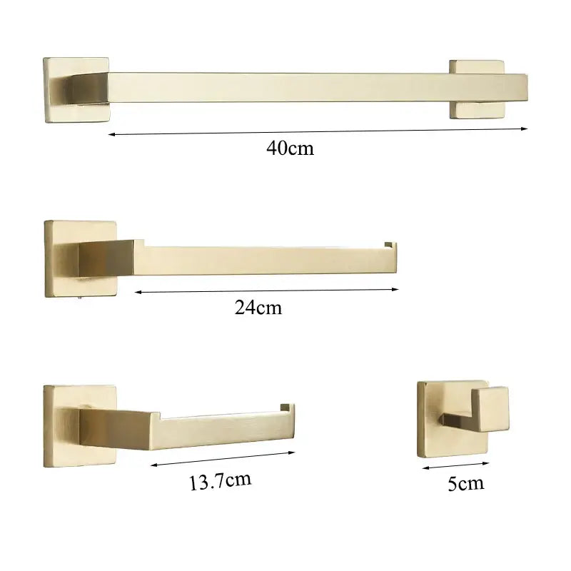 Set of modern brushed gold bathroom hardware set with square brackets including towel bar toilet paper holder soap dish and hook