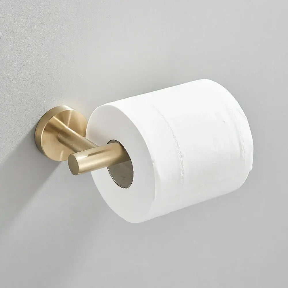 Gold toned wall-mounted toilet paper holder with sleek modern design from decorbites brushed gold bathroom hardware set
