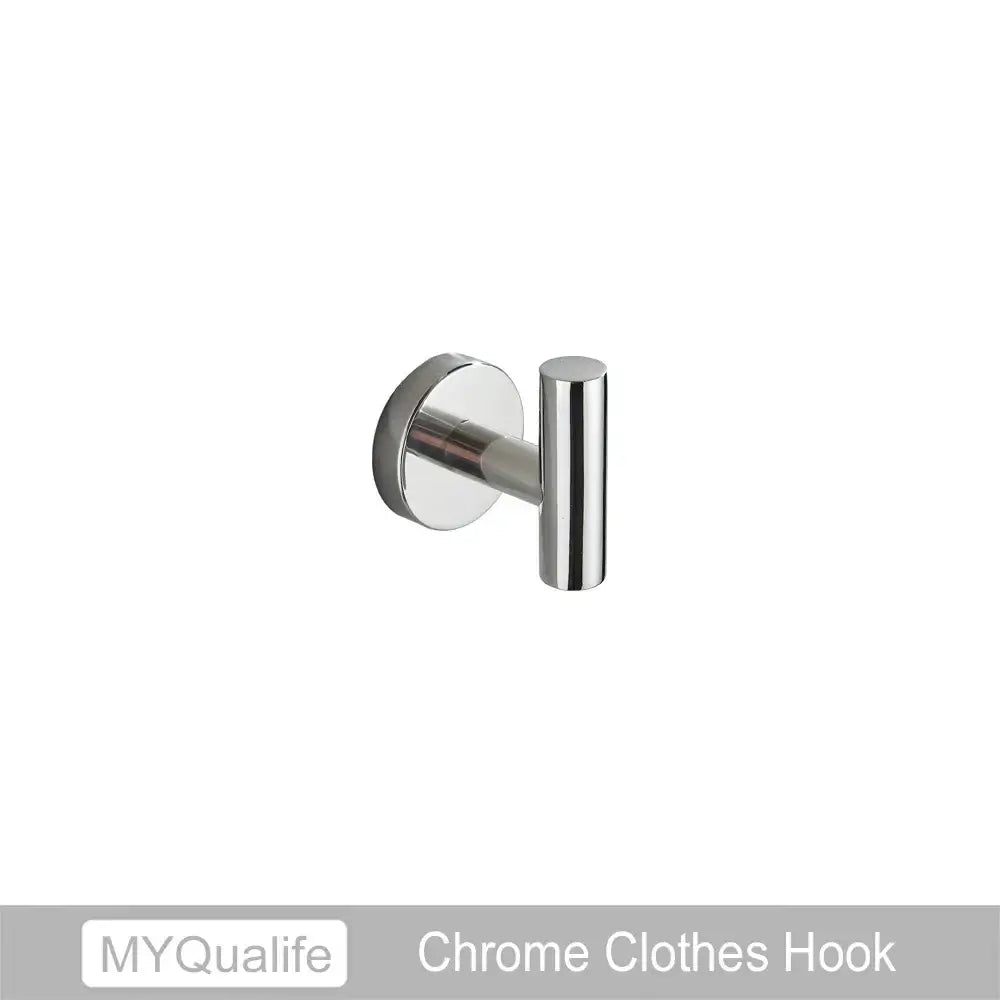 Modern brushed gold bathroom hardware set clothes hook with chrome finish, sleek cylindrical design, and circular mounting plate