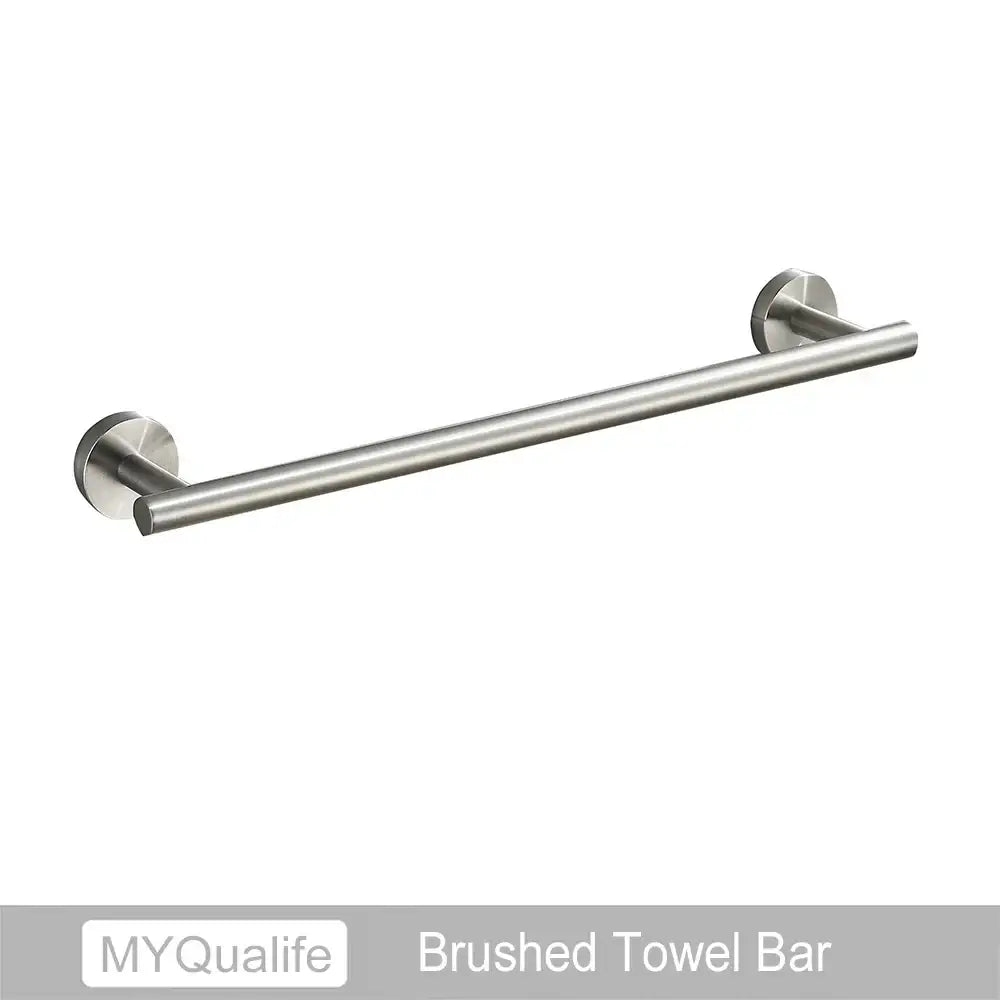 Modern brushed gold bathroom hardware set featuring brushed stainless steel towel bar with sleek circular mounts decorbites brushed gold