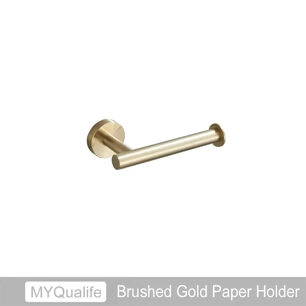 Brushed gold bathroom hardware set featuring a modern toilet paper holder with circular wall-mounted base decorbites brushed gold
