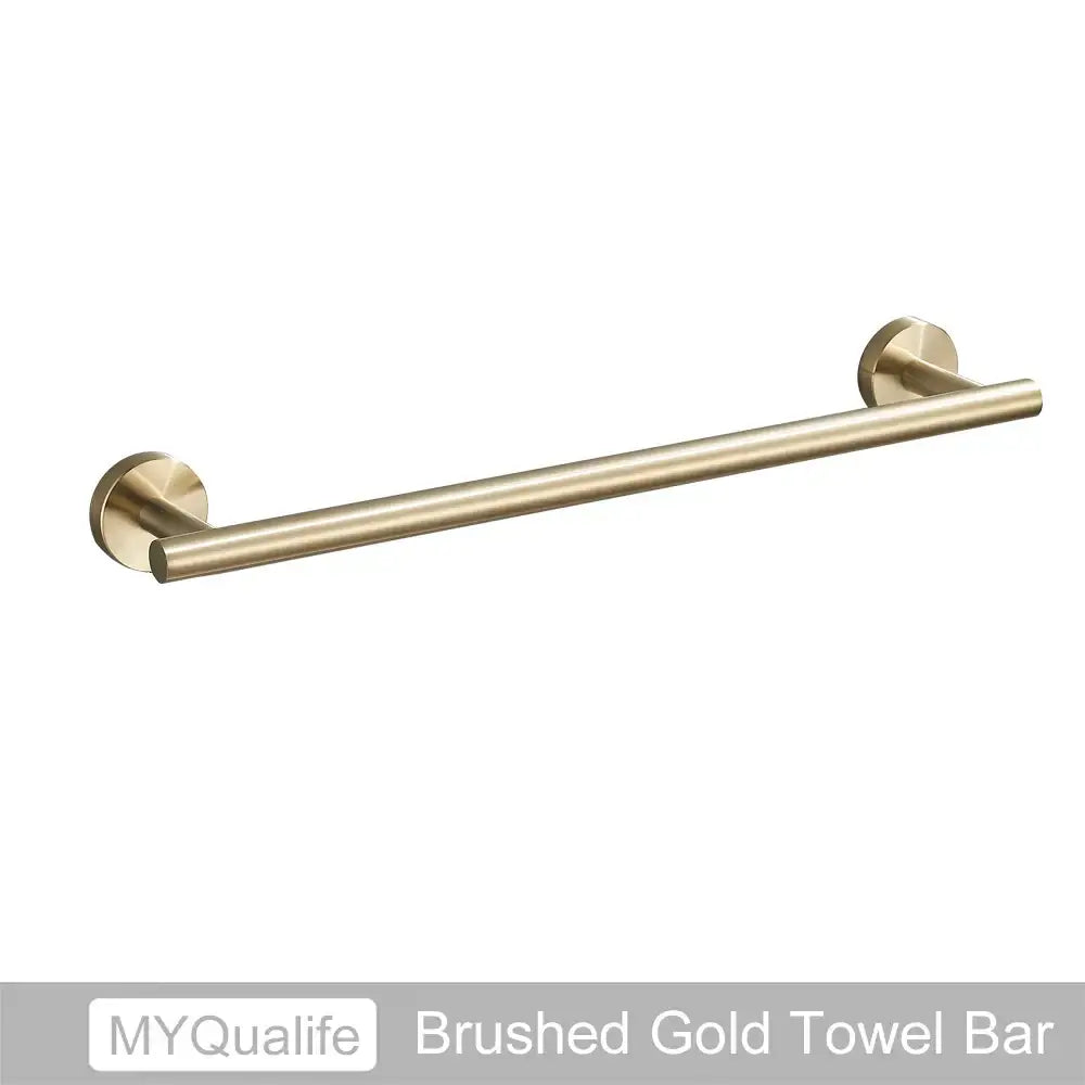 Modern brushed gold bathroom hardware set towel bar with sleek cylindrical design and circular wall mounts decorbites brushed gold