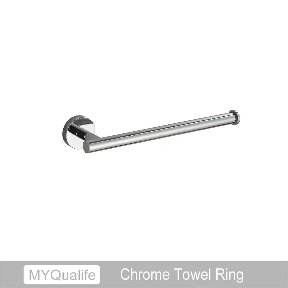 Chrome finished metal towel ring with sleek cylindrical design as part of decorbites brushed gold bathroom hardware set