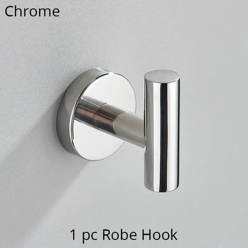 Chrome-finished robe hook with sleek cylindrical design and circular mounting plate from decorbites bathroom hardware set