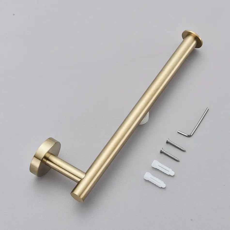 Brass-finished wall-mounted toilet paper holder with matching hardware in decorbites bathroom hardware set with towel rack and hooks