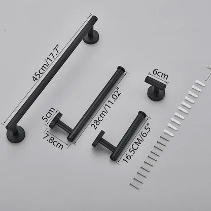 Black matte metal towel bars in various lengths complement decorbites bathroom hardware set with modern gold accents