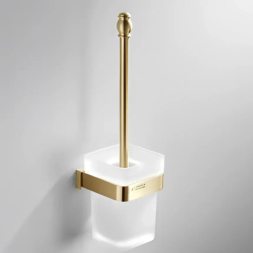 Modern brushed gold toilet brush holder with frosted glass base and metallic handle from decorbites brushed gold hardware set