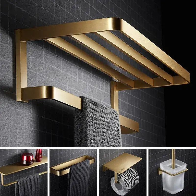 Modern brushed gold bathroom hardware set featuring a gold-toned towel rack with sleek minimalist design decorbites brushed gold