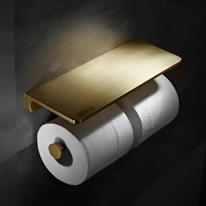 Modern brushed gold toilet paper holder with sleek rectangular shelf design from decorbites brushed gold hardware set