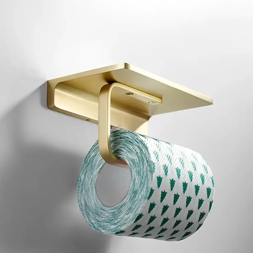 Modern brushed gold wall-mounted toilet paper holder with patterned green pine tree tissue from decorbites brushed gold hardware set