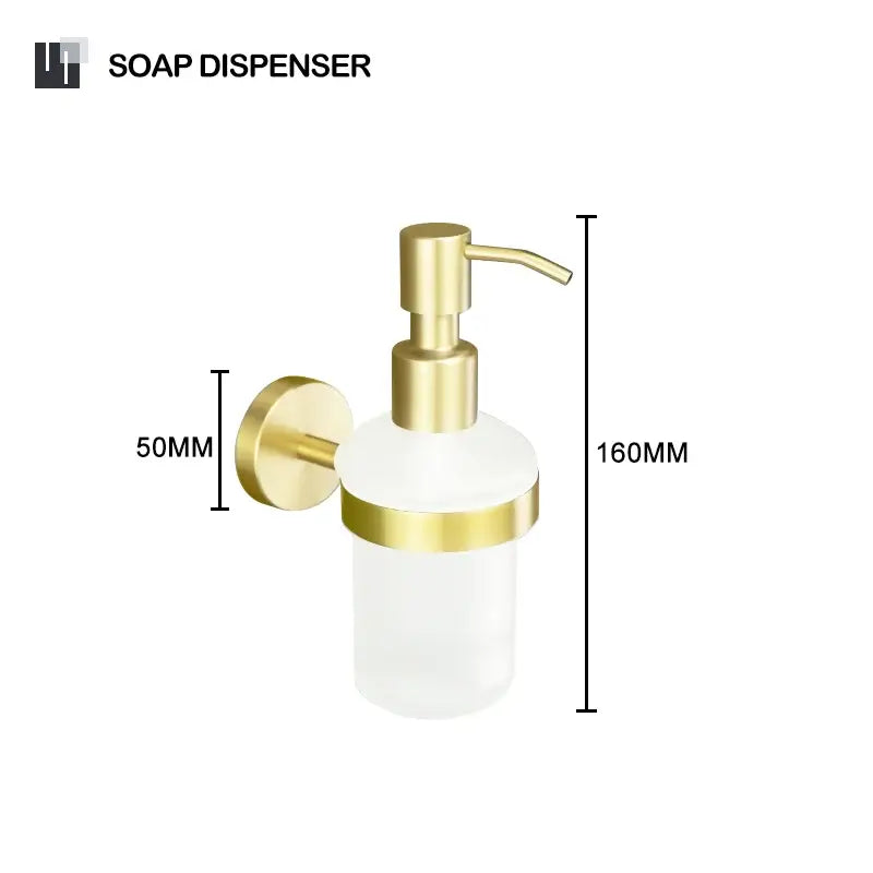 Modern brushed gold bathroom gold-finished wall-mounted soap dispenser with frosted glass and brass accents decorbites brushed gold