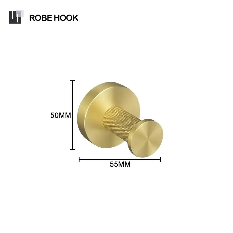 Modern brushed gold robe hook with textured central grip and smooth circular ends from decorbites brushed gold bathroom set