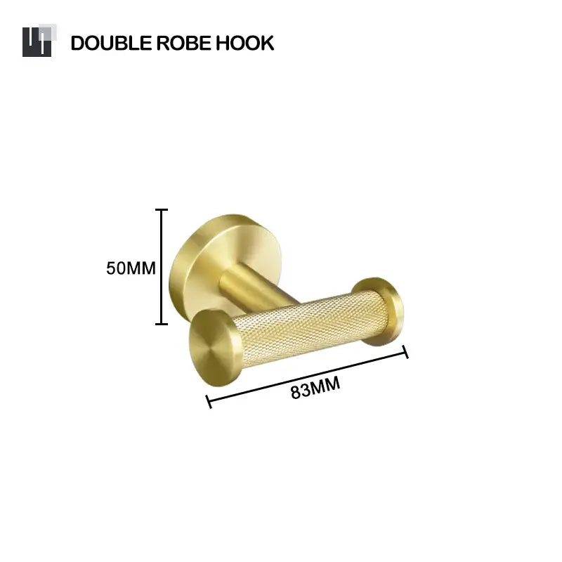 Gold-colored double robe hook with textured central bar and polished ends in modern decorbites brushed gold bathroom set