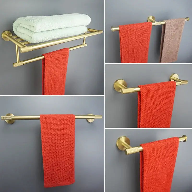 Modern brushed gold bathroom towel rack with sleek metal design and circular wall mounts for decorbites brushed gold set