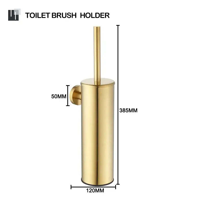Gold-finished cylindrical toilet brush holder with sleek modern design and integrated bracket from decorbites brushed gold bathroom set