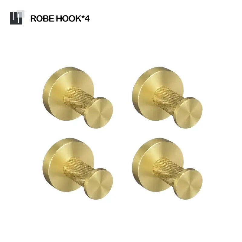 Set of four brushed gold robe hooks with textured cylindrical ends part of decorbites brushed gold bathroom set
