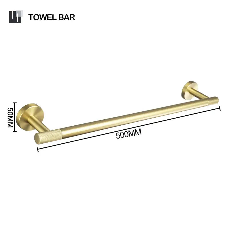 A sleek 500mm long brass towel bar with brushed gold finish and circular mounts from decorbites brushed gold bathroom set