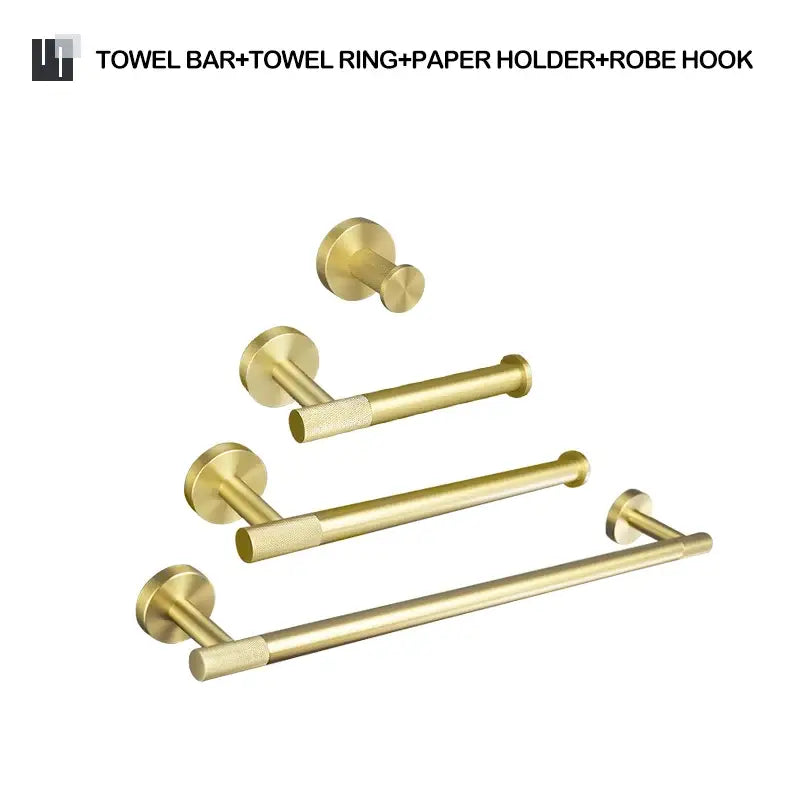 Modern brushed gold bathroom set with towel bar, ring, paper holder, and robe hook in decorbites brushed gold finish