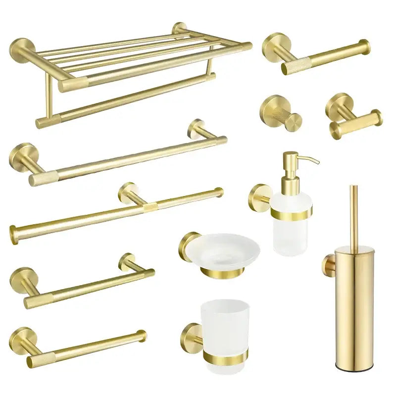 Modern brushed gold bathroom set with towel bar and paper holder featuring decorbites brushed gold finish and frosted glass accents