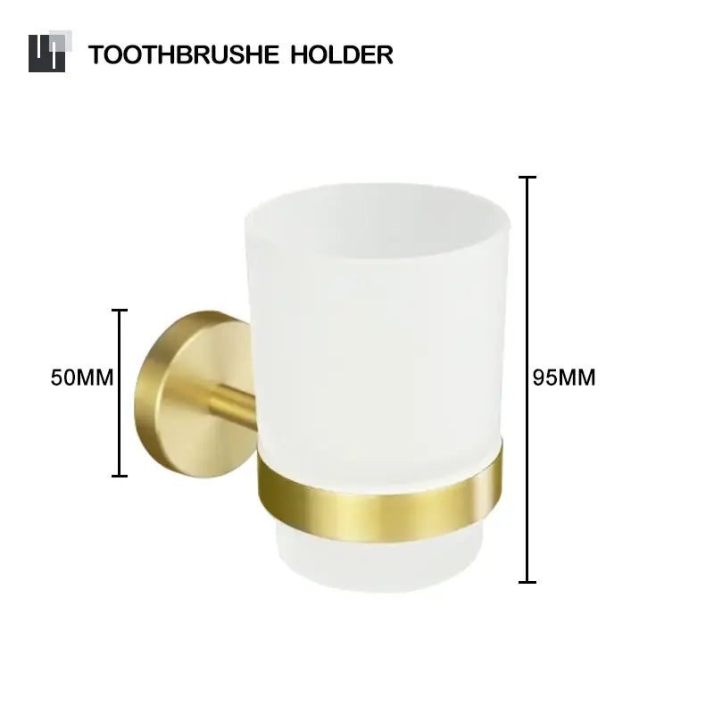 White frosted glass toothbrush holder with gold-toned brushed gold metal base from decorbites brushed gold bathroom set