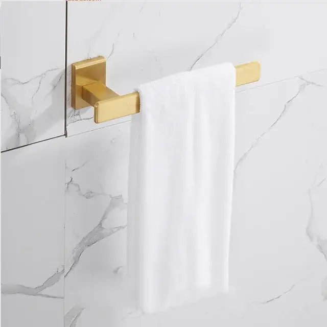 Modern brushed gold rectangular towel rack with white towel from decorbites brushed gold bathroom set hardware