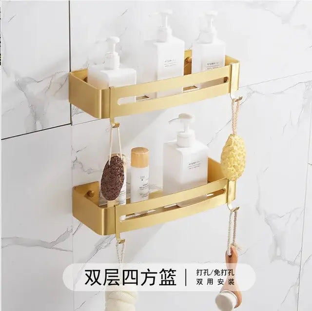Modern brushed gold bathroom set double-tiered wall-mounted shelf with minimalist rectangular slots decorbites brushed gold
