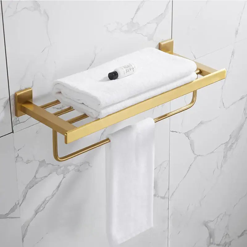 Modern brushed gold bathroom set towel rack and shelf hardware with sleek metal flat shelf and hanging bar decorbites brushed gold