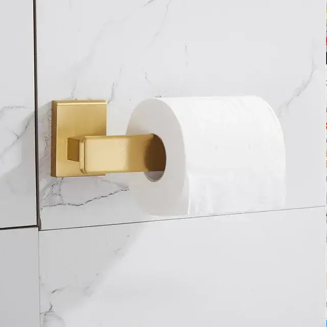 Modern brushed gold bathroom set rectangular toilet paper holder with sleek design mounted on white marble tiles decorbites brushed gold