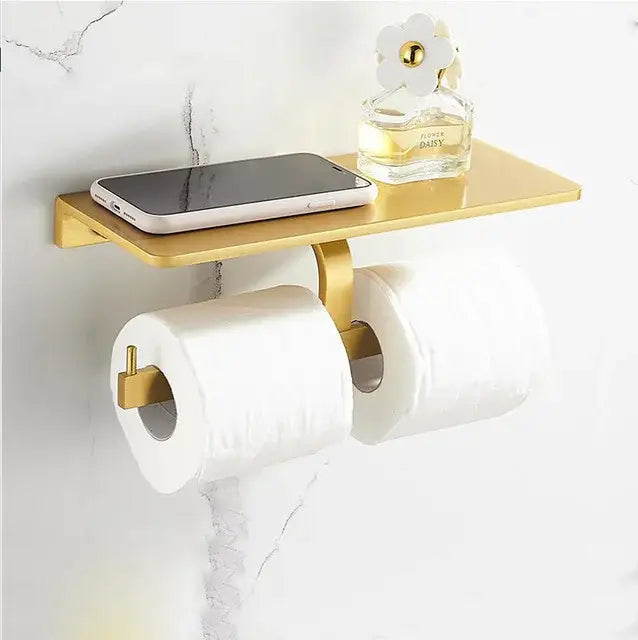 Modern brushed gold bathroom set wall-mounted toilet paper holder with dual rolls and shelf decorbites brushed gold