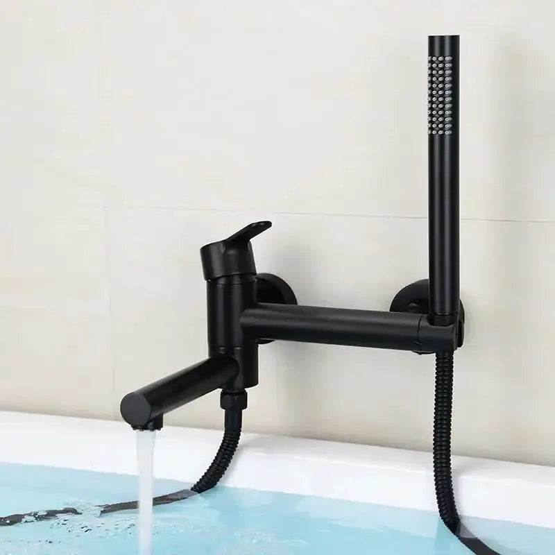 Black matte-finish bathtub faucet with handheld showerhead and flexible hose in modern decorbites brushed gold bathtub set