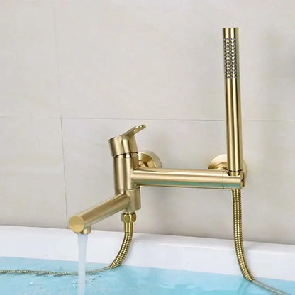 Modern brushed gold bathtub shower set featuring a brushed gold bathtub faucet with attached handheld showerhead decorbites brushed gold
